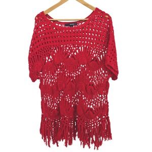 Denim247 Red Crochet Tassel Kimono Cover Up Top Plus Size 1X Beach Boho‎ 22/24
